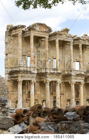 The ruins of the ancient antique city of Ephesus the library building of Celsus, the amphitheater temples and columns. Candidate for the UNESCO World Heritage List