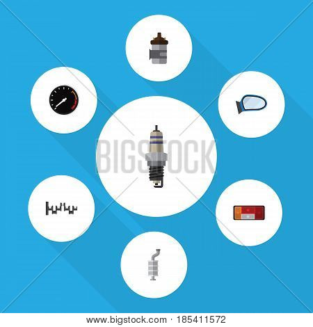 Flat Auto Set Of Tachometr, Silencer, Spare Parts And Other Vector Objects. Also Includes Shafts, Taillight, Absorber Elements.