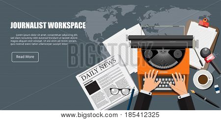 Journalist Work space. Flat background with Typewriter, newspaper, coffee. Journalist Concept