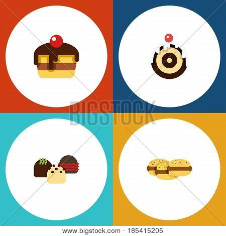 Flat Cake Set Of Cake, Pastry, Biscuit And Other Vector Objects. Also Includes Pastry, Shortcake, Biscuit Elements.