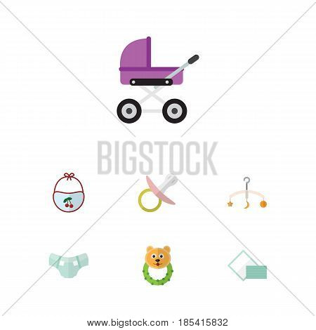 Flat Kid Set Of Mobile, Napkin, Stroller And Other Vector Objects. Also Includes Nappy, Pram, Pinny Elements.
