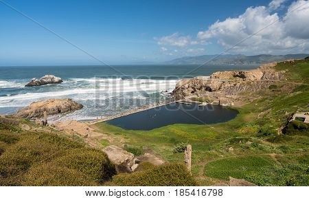Remains of massive swimming pool complex at Sutro Baths on the coast at Point Lobos near San Francisco, California