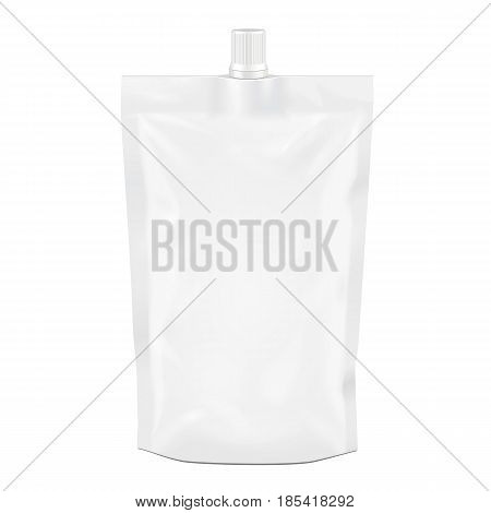 White Blank Doy-pack Doypack Foil Food Or Drink Bag Packaging With Spout Lid. Illustration Isolated 