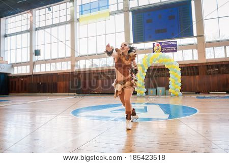 Dneprodzerzhinsk Ukraine - November 12 2016: Qualifying round for the cheerleading competition. Cup "Prometheus" young cheerleaders perform at the city cheerleading championship
