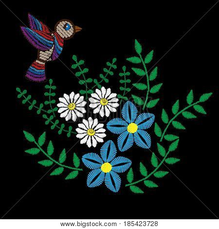 Colorful flower with leaf and bird embroidery stitches imitation. Floral pattern with bird for neck line on black background. Embroidery vector.