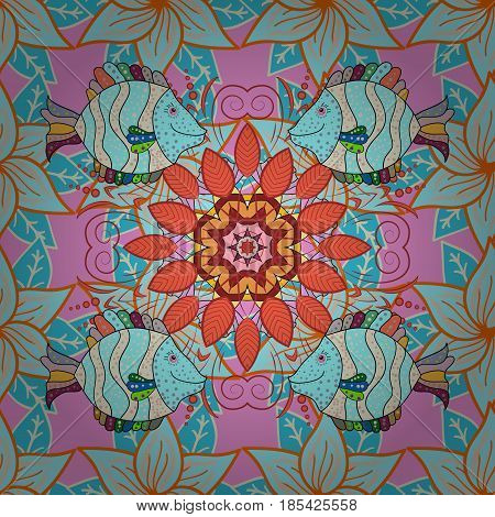 Boho style flower seamless pattern. Tiled mandala design best for print fabric or papper and more. Vector Mandala. Pink background.