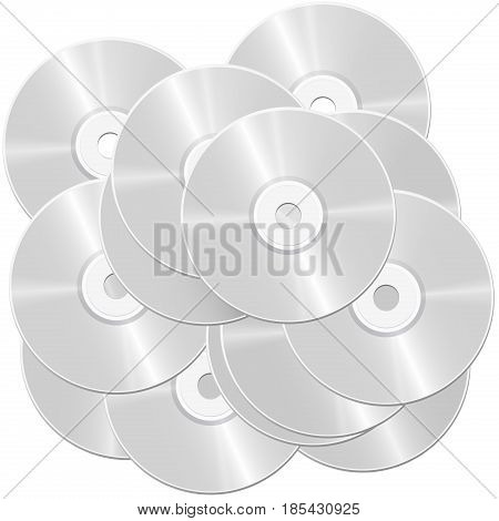 CD pile - heap of compact discs or digital versatile discs - symbolic for large bulk and mass of data and information - isolated vector illustration on white background.