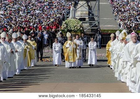 Fatima Portugal - May 13 2014: Priests at the Sanctuary of Fatima during the celebrations of the apparition of the Virgin Mary in Fatima Portugal.