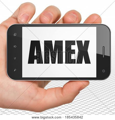 Stock market indexes concept: Hand Holding Smartphone with black text AMEX on display, 3D rendering