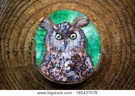 Painted Forest Animal On A Cut Piece Of Wood. Beautiful Natural Paint Colors. Background Of Brown Wo