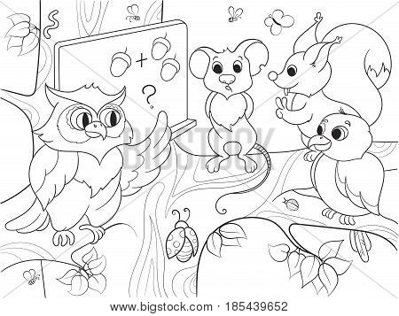 Lesson in the school of an owl in the woods coloring book for children cartoon vector illustration. Black and white mouse, class, squirrel, sparrow