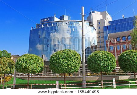 KYIV, UKRAINE - MAY 01, 2017: Splendid shining Hotel Hyatt Opens 5-Star inn (234 rooms) in center of famous Sofia Place at bright sunny spring day