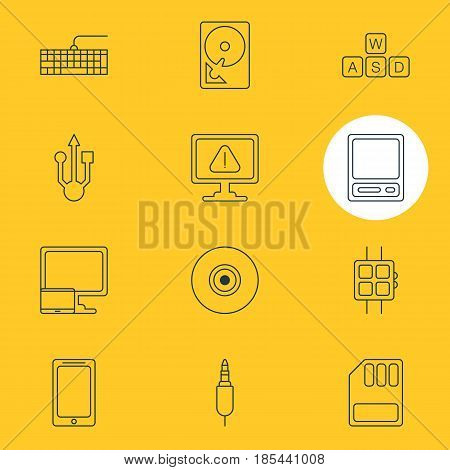 Vector Illustration Of 12 Computer Icons. Editable Pack Of Qwerty Board, Objective, Storage And Other Elements.