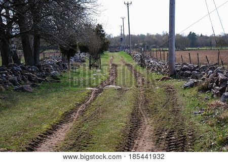 Path with tractor tracks between stone walls