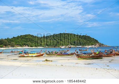 Holiday in Thailand - Beautiful Island of Koh Lipe with long tail boat by the beach at Satun Thailand.