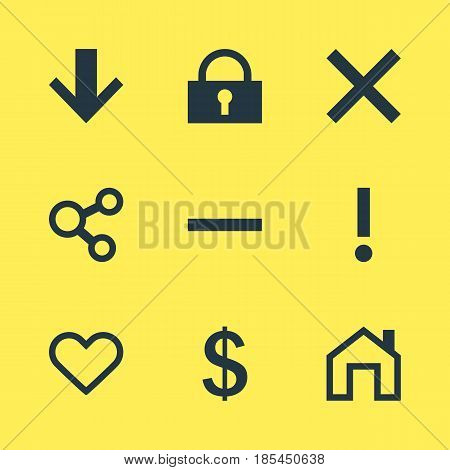 Vector Illustration Of 9 User Icons. Editable Pack Of Mainpage, Padlock, Downward And Other Elements.