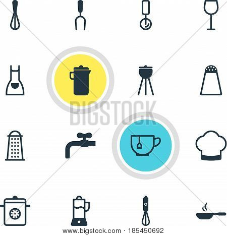 Vector Illustration Of 16 Kitchenware Icons. Editable Pack Of Wine, Smock, Steamer And Other Elements.