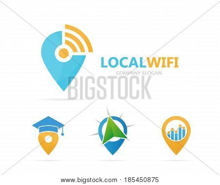 Vector of map pointer and wifi logo combination. GPS locator and signal symbol or icon. Unique pin and radio, internet logotype design template.