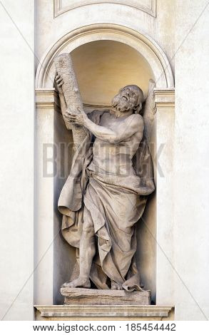 ROME, ITALY - SEPTEMBER 03: Saint Andrew by Luca Breton on the facade of Santi Claudio e Andrea dei Borgognoni church in Rome, Italy on September 03, 2016.