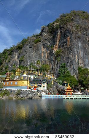 Beautiful View Of Bayin Nyi (begyinni) Complex  In Hpa-an, Myanmar. Buddhist Temple, Monastery And G