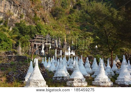 View Of The Ancient Wooden Monastery At The Foot Of The Mountain In Hpa-an, Myanmar