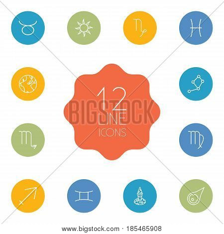 Set Of 12 Horoscope Outline Icons Set.Collection Of Capricorn, Scorpion, Constellation And Other Elements.