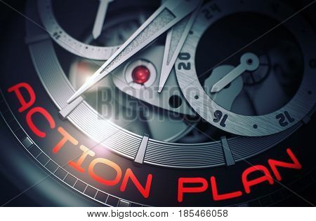 Gears and Mainspring in the Mechanism of a Wristwatch with Action Plan on Face of It. Business Concept with Glowing Light Effect. 3D Rendering.
