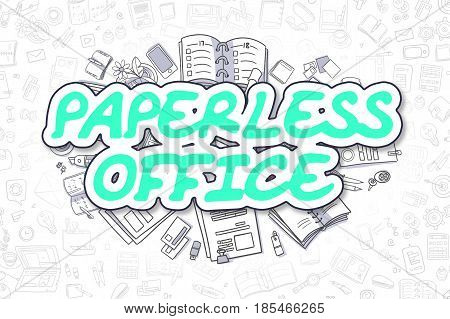 Paperless Office Doodle Illustration of Green Inscription and Stationery Surrounded by Doodle Icons. Business Concept for Web Banners and Printed Materials.