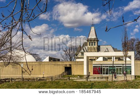 Yonkers NY USA - April 2 2017. People visiting Hudson River Museum in Yonkers