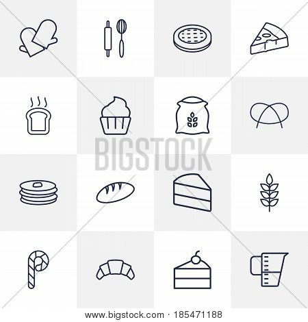 Set Of 16 Bakery Outline Icons Set.Collection Of Croissant, Gloves, Bread And Other Elements.