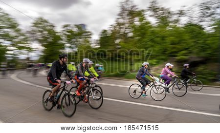 New York NY. USA - May 7 2017. Five Boro Bike Tour at Central Park 103 Street.