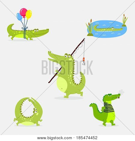Cartoon green crocodile funny predator and australian wildlife river reptile carnivore alligator scales teeth flat vector illustration. Tropical africa safari zoo character crocodylus.