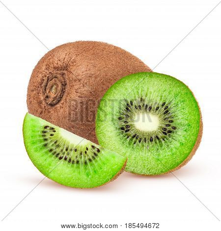 Ripe whole kiwi fruit and half kiwi fruit isolated on white background.