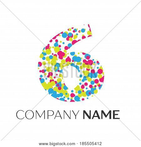 Number six logo with blue, yellow, red particles and bubbles dots on white background. Vector template for your design