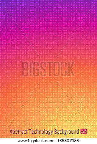 Abstract colorful vector technology circle pixel digital gradient background with  violet, red, orange, yellow colors. Business bright pattern backdrop with round pixels in A4 paper size.