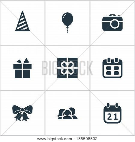 Vector Illustration Set Of Simple Birthday Icons. Elements Cap, Box, Days And Other Synonyms Photo, Resonate And Gift.