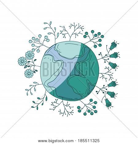 watercolor silhouette of planet earth surrounded by plants and trees on aquamarine vector illustration