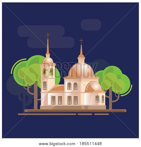 Church and trees ladscape vector illustration. Made in cartoon style.
