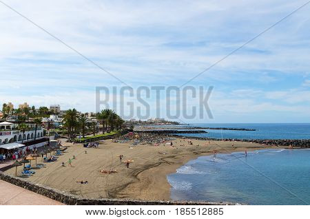 PLAYA LAS AMERICAS; Canary islands Tenerife Spain - March 22 2017.Coastal view of Bobo beach (Playa del Bobo) in Costa Adeje Tenerife.