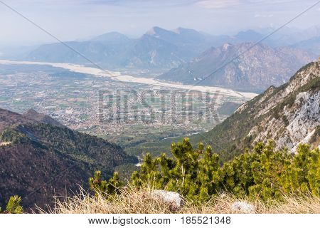 View from Monte Chiampon to plain of Friuli-Venezia Giulia in Italy in spring