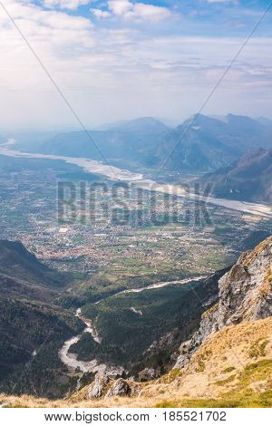 View from Monte Chiampon to plain of Friuli-Venezia Giulia in Italy in spring