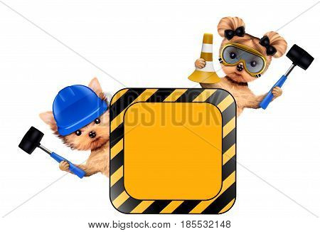 Funny couple of puppies with hard hat, protective goggles, hammer and cone holding construction warning sign, isolated on white. Teamwork and cooperation concept. Realistic 3D illustration