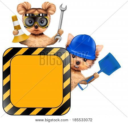 Funny couple of puppies with hard hat, protective goggles, shovel, wrench, cone holding construction warning sign, isolated on white. Teamwork and cooperation concept. Realistic 3D illustration