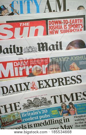 Bracknell, England - May 09, 2017: A random selection of British daily newspapers currently in circulation