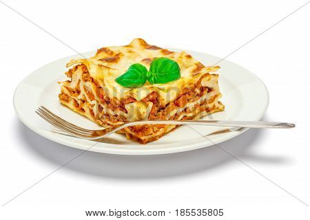Portion of tasty lasagn, isolated on white background