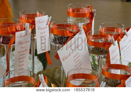 guest's names cards at wedding diner tables