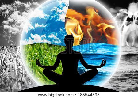 Female yoga figure in a transparent sphere composed of four natural elements (water fire earth air) as a concept for controlling emotions power over nature calm and optimism.