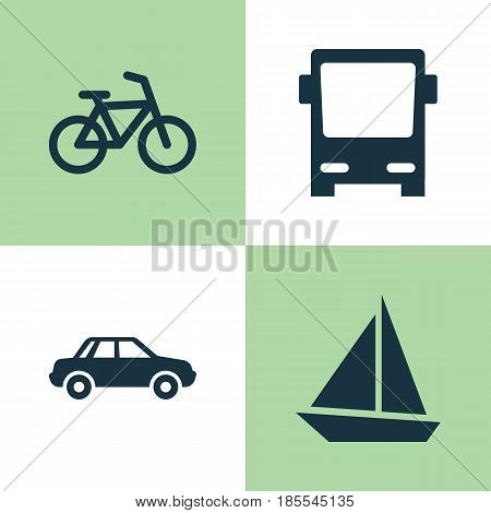 Transport Icons Set. Collection Of Bicycle, Yacht, Omnibus And Other Elements. Also Includes Symbols Such As Autobus, Boat, Yacht.
