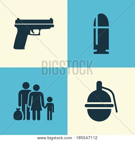 Warfare Icons Set. Collection Of Bombshell, Weapons, Fugitive And Other Elements. Also Includes Symbols Such As Slug, Nuclear, Bullet.