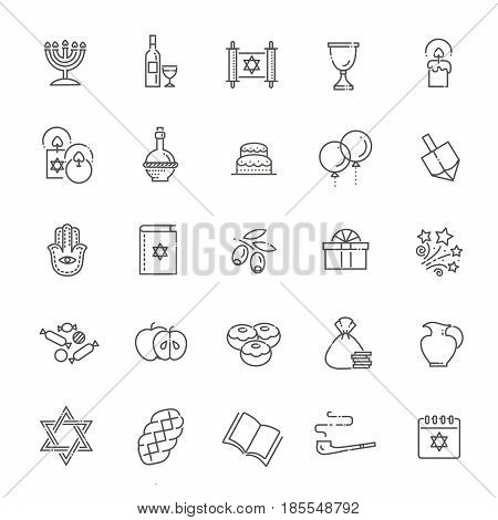Israel Judaism Icons Collection. Line Happy Hanukkah Icons Set.